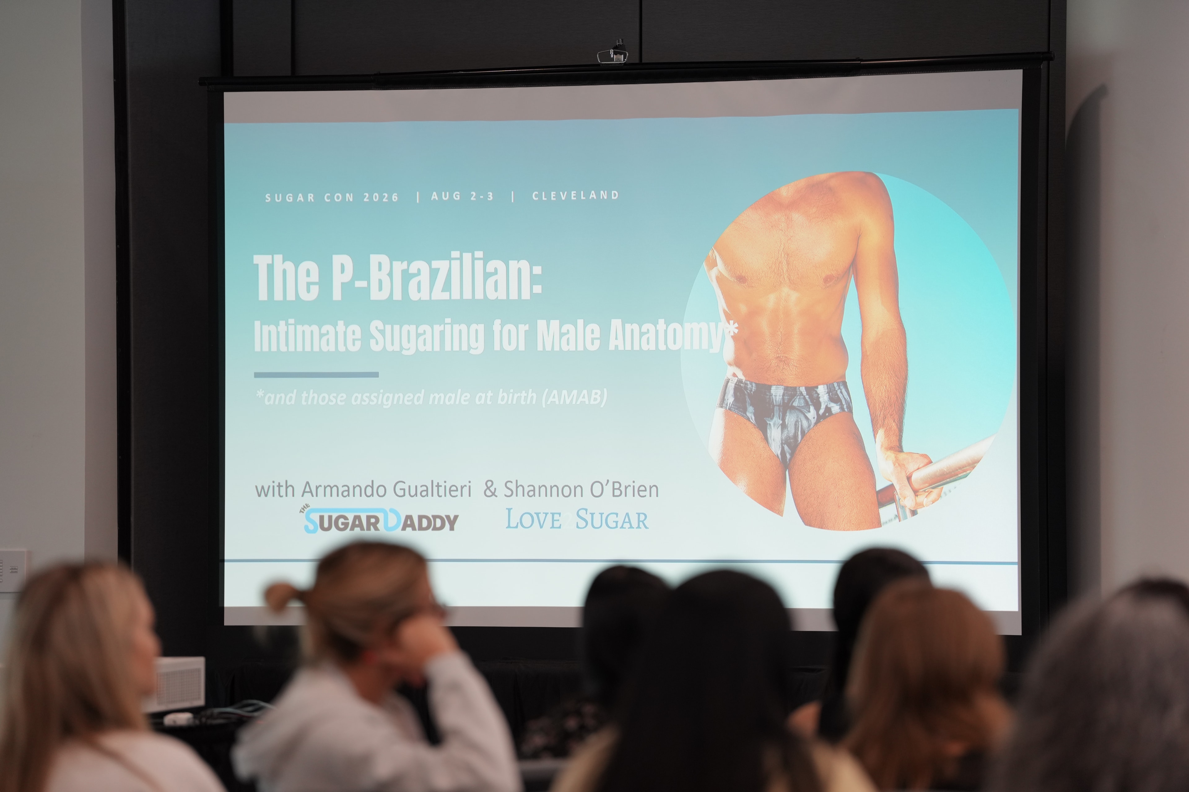 Presentation slide and educator discussing Brazilian sugaring techniques